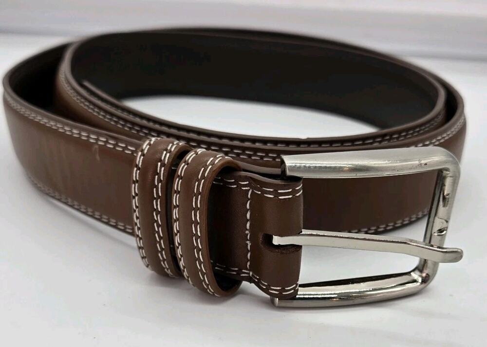 Stacy Adams Genuine Leather Belt Size 42 Brown Tan Stitching Silver Buckle NEW